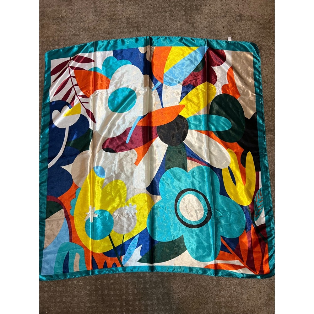 Vibrant Floral Satin Square Scarf Teal Orange Yellow Abstract Botanical 33x33